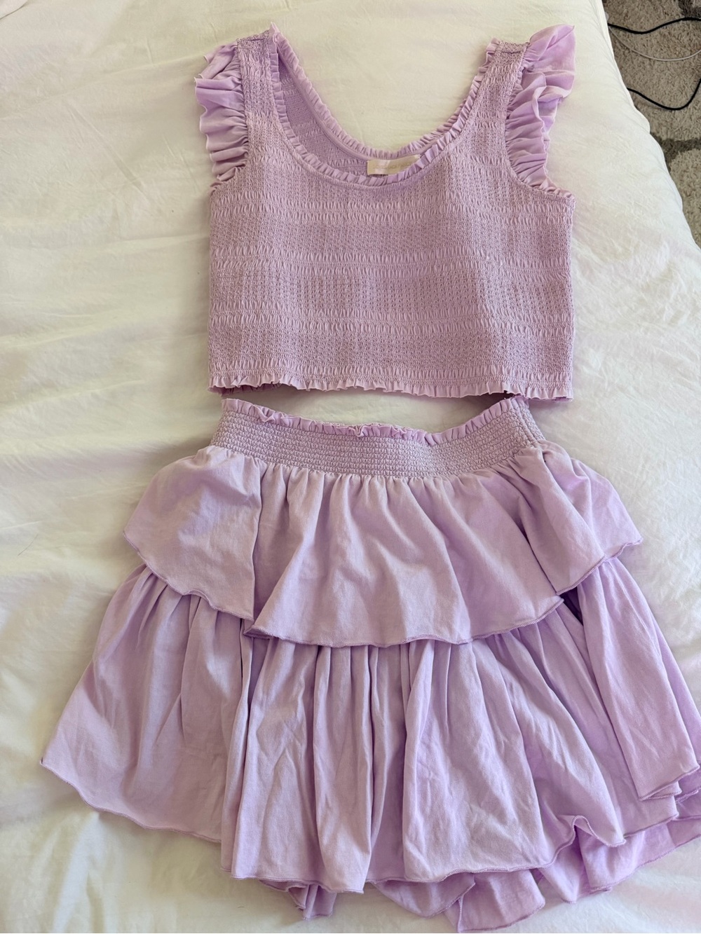 LoveShackFancy Lavender Ruffled Two-Piece Crop Top and Tiered Skirt Set